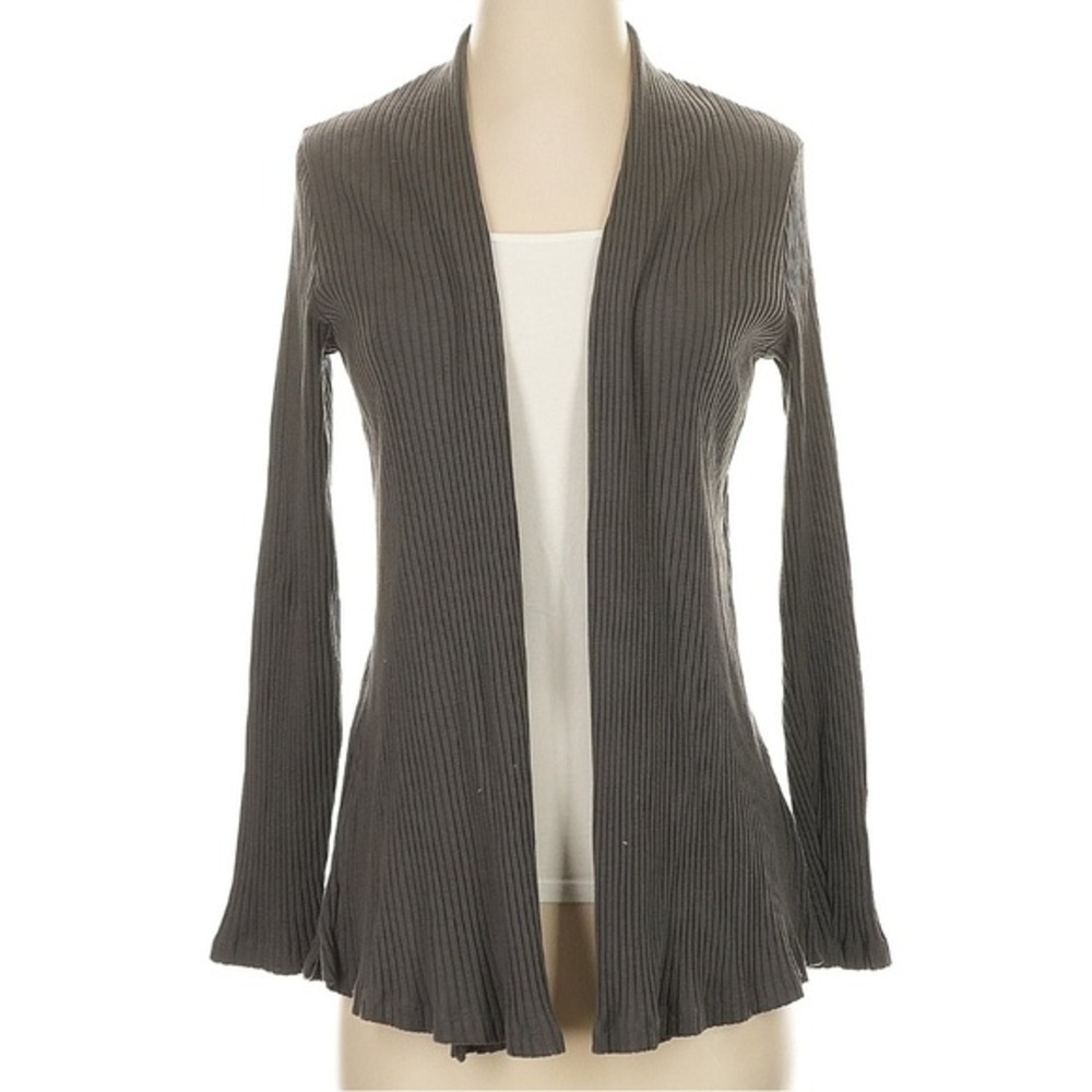 Eileen Fisher Womens XS Gray Ribbed Tencel Open Front Cardigan Sweater Side Slit